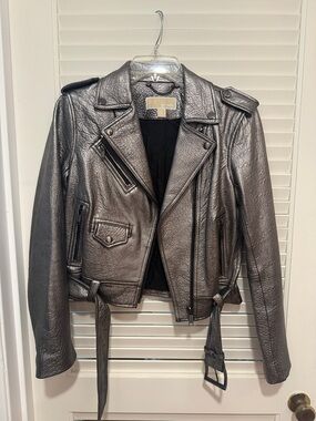 Michael Kors Metallic Gunmetal Leather Moto Jacket